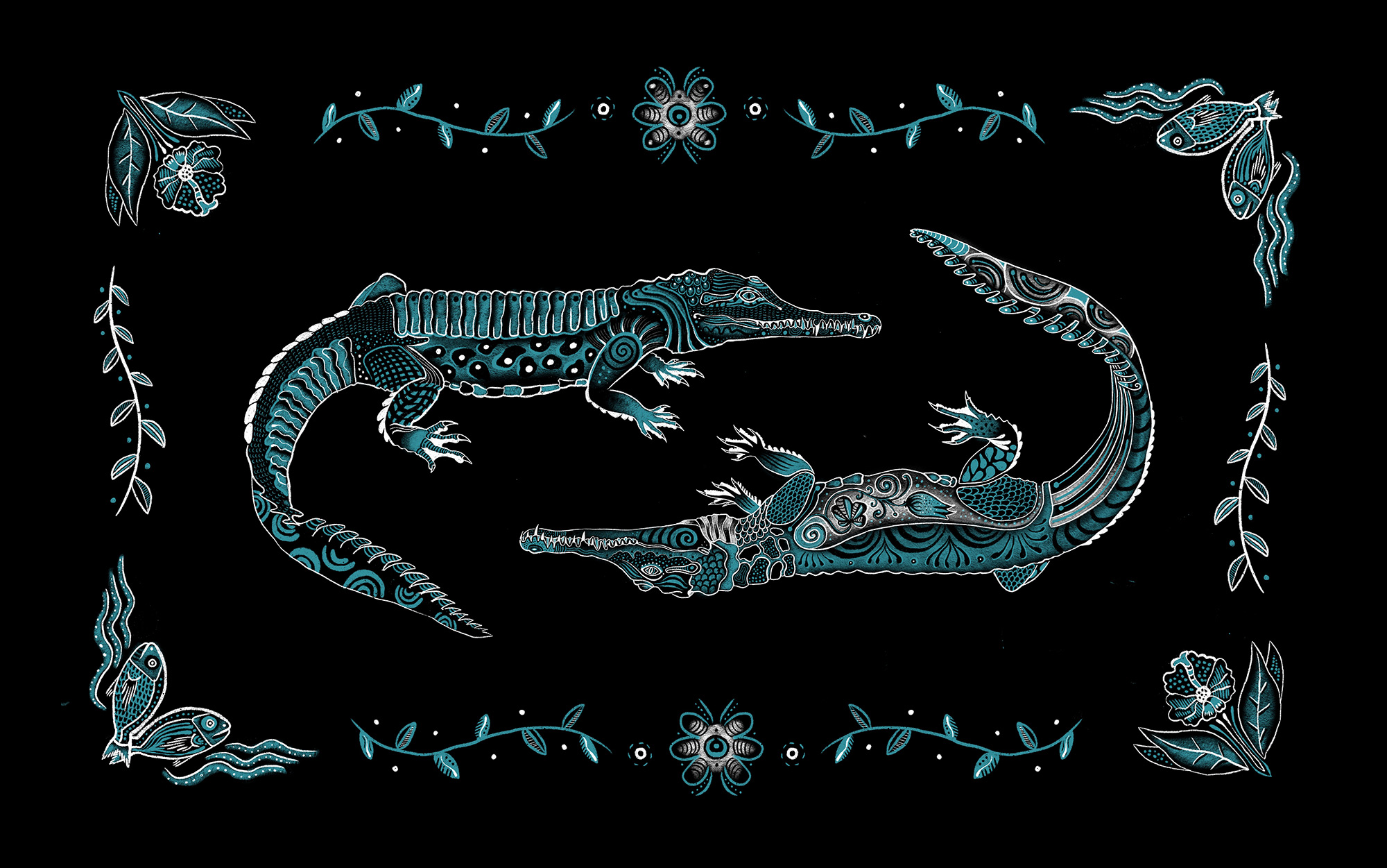 Crocodiles surrounded by vegetation