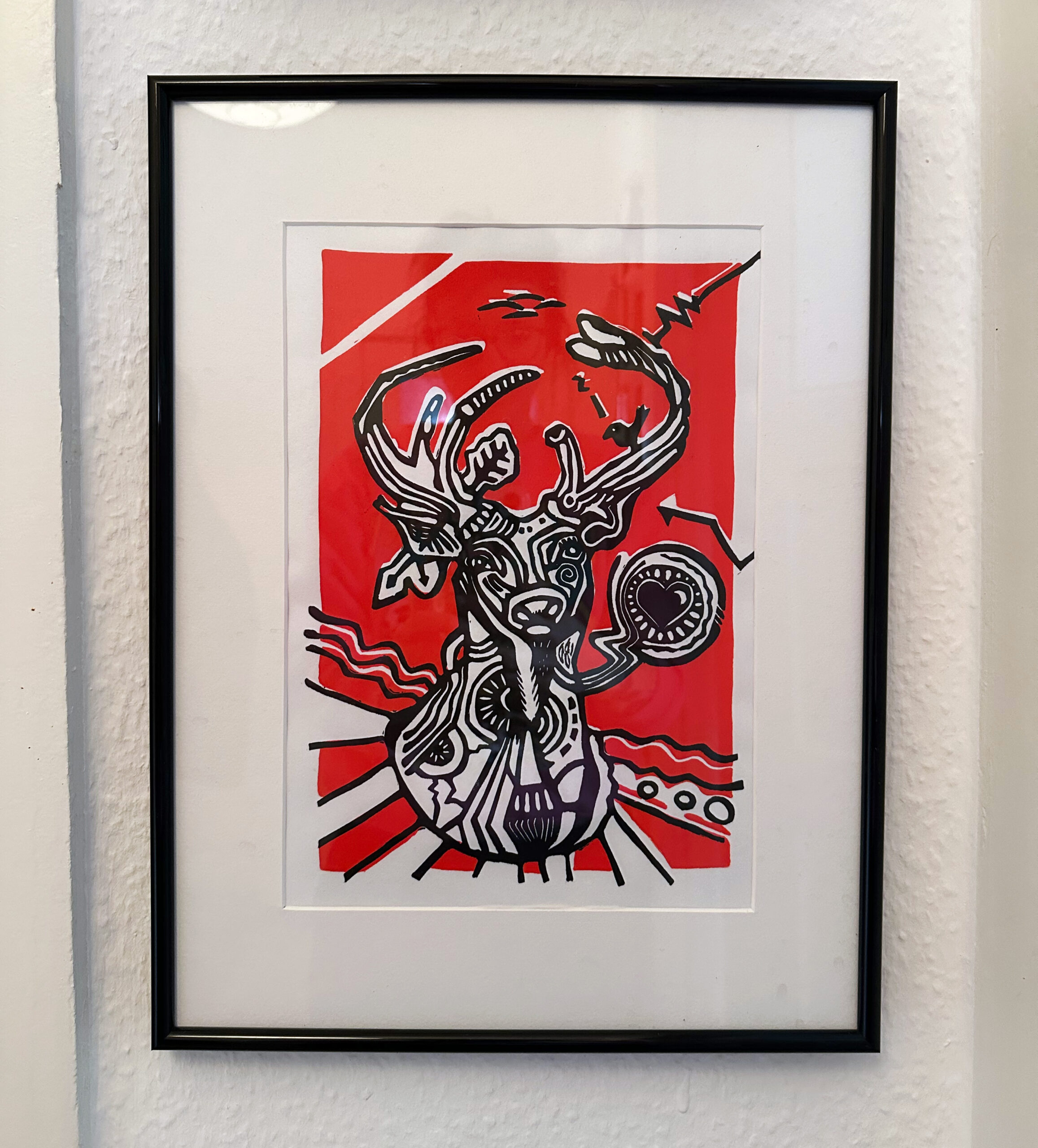 deer lino print framed