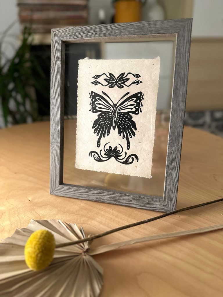 linoprint butterfly framed