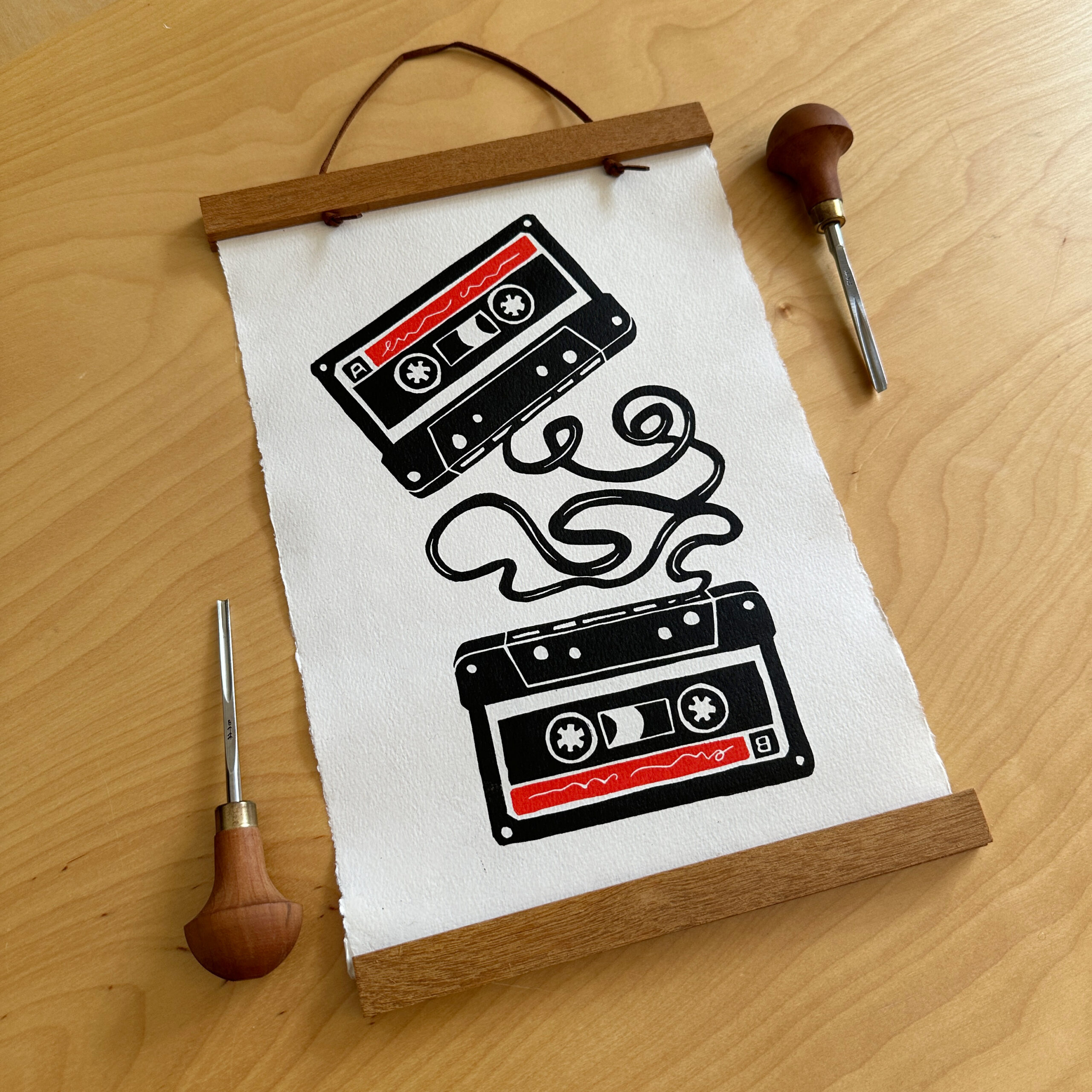 music tapes lino print together with tools