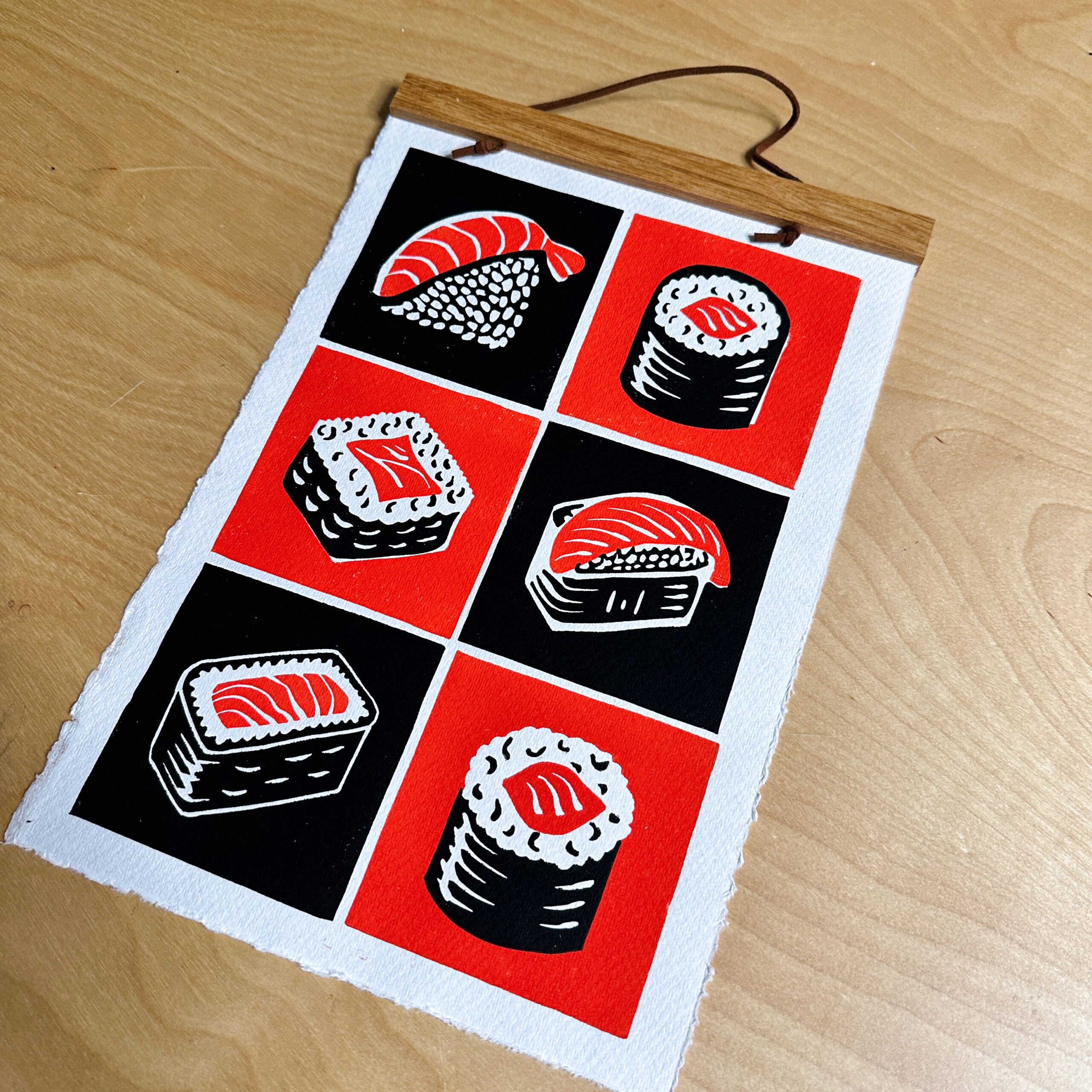 sushi lino print black and red