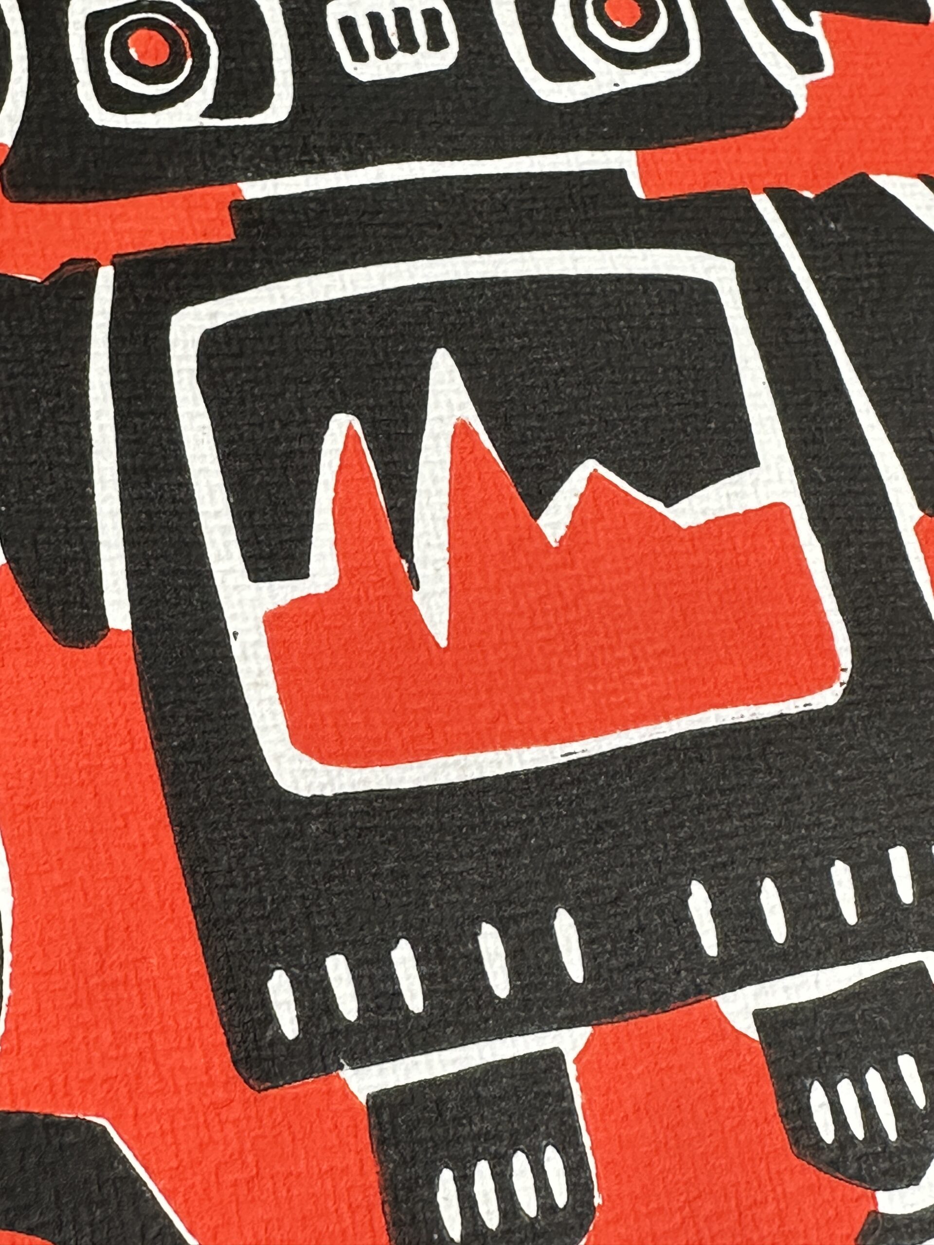 detail robot on rollerblades lino print framed