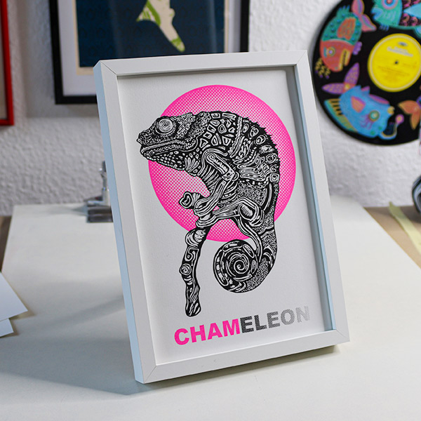 chameleon screen print framed