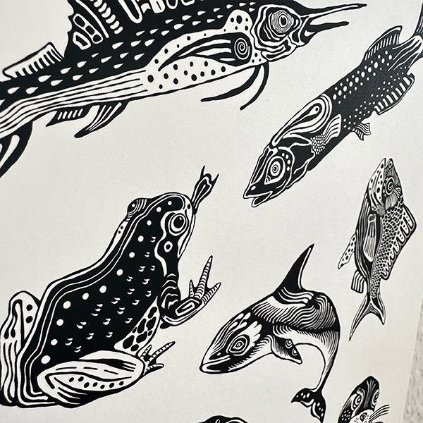 ocean animals print black and white detail
