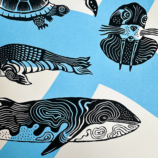 ocean animals print black and blue detail