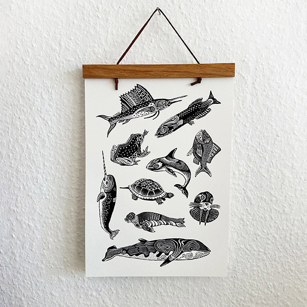 ocean animals print black and white