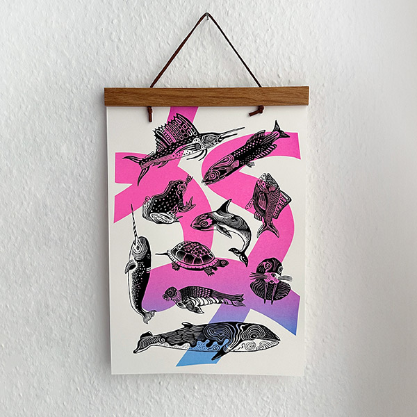 ocean animals print black and pink and blue gradient
