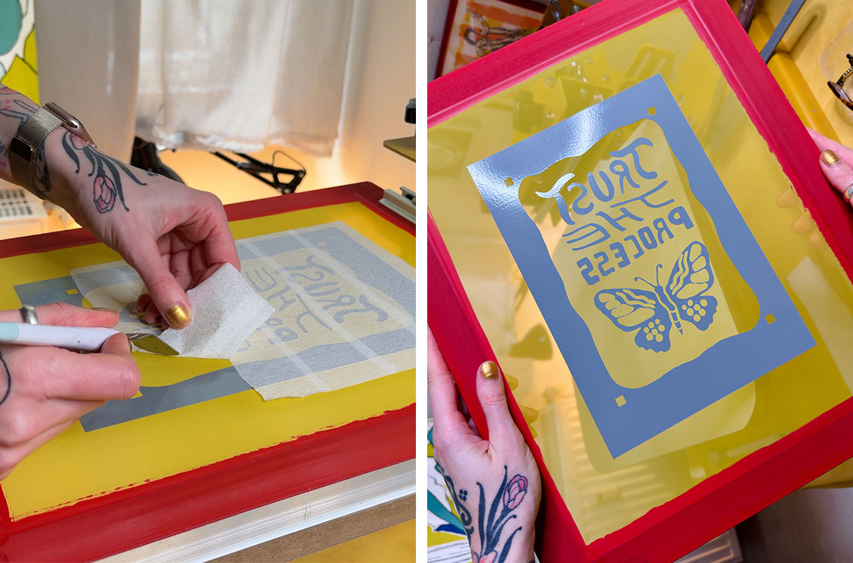 split image. left shows half pulled transfer tape. right shows final stencil on screen